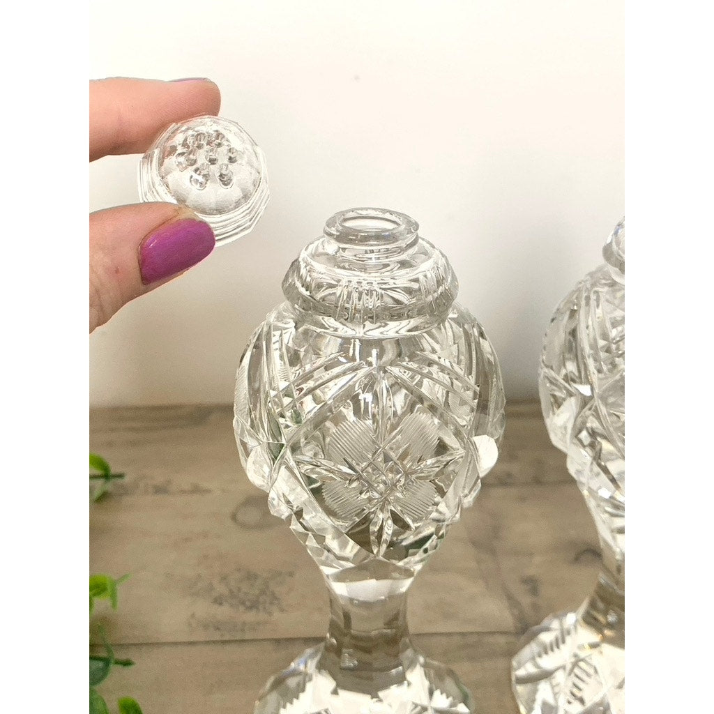 Vintage Cut Crystal Salt & Pepper Shakers Faceted Pedestal Pair with Starburst Pattern