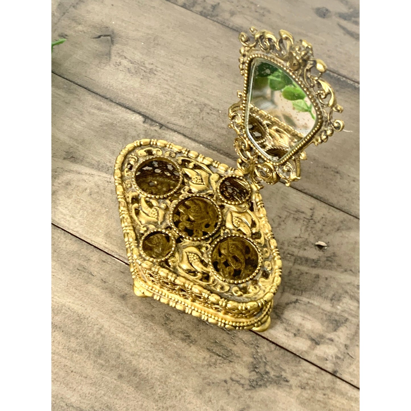 Vintage Ornate Gold Filigree Lipstick Holder Vanity Mirror Footed Hollywood Regency