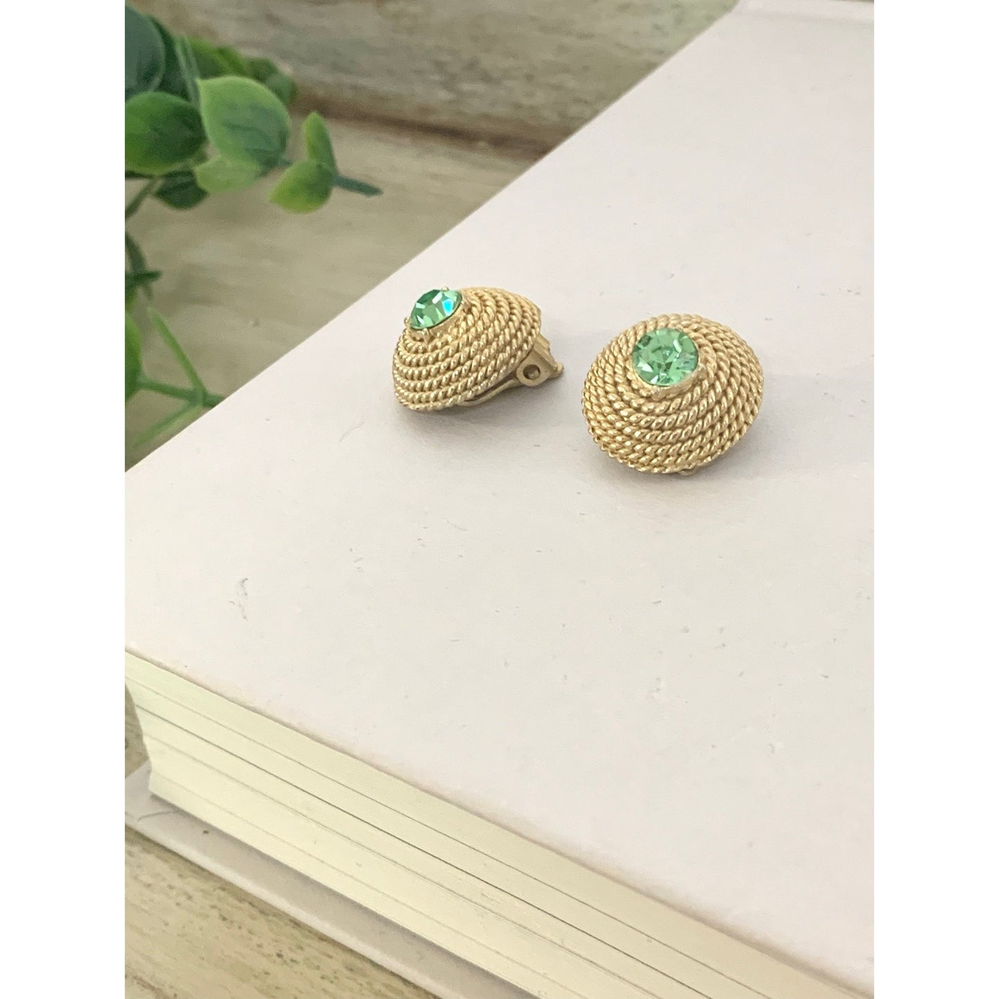 Vintage Gold Tone Clip On Earrings Green Rhinestone Textured Retro Statement