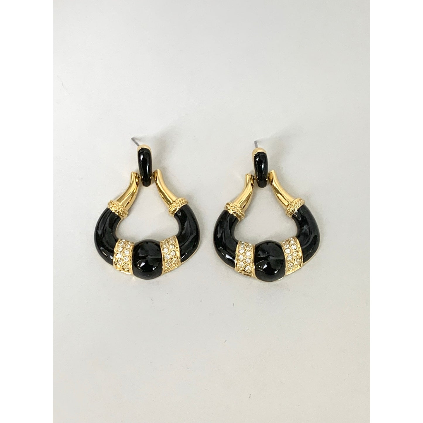 Vintage Black Enamel Rhinestone Goldtone Doorknocker Earrings Pierced Statement Glam