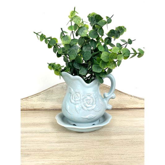 Vintage Ceramic Planter Vase with Drip Tray Blue Flower Pottery Cottagecore
