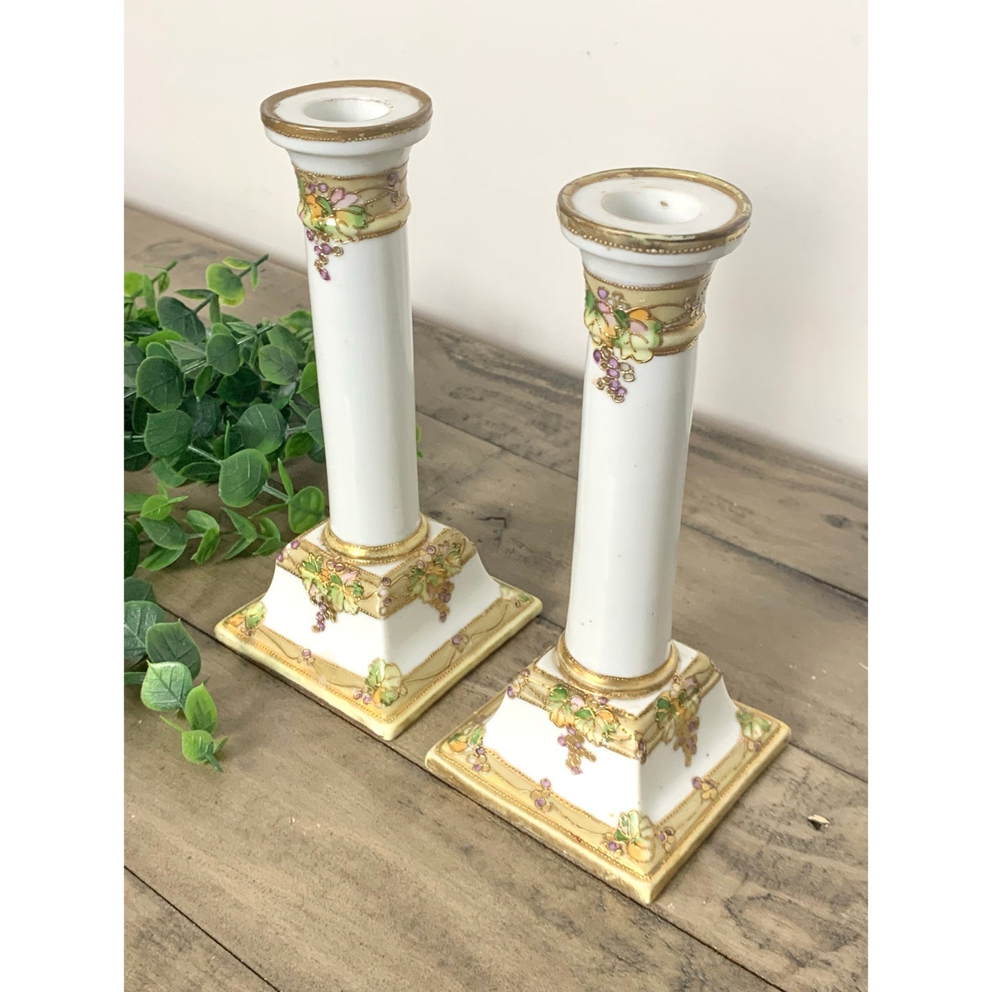 Antique Nippon Hand-Painted Candlestick Holders Pair Grape & Gold Moriage 7” H