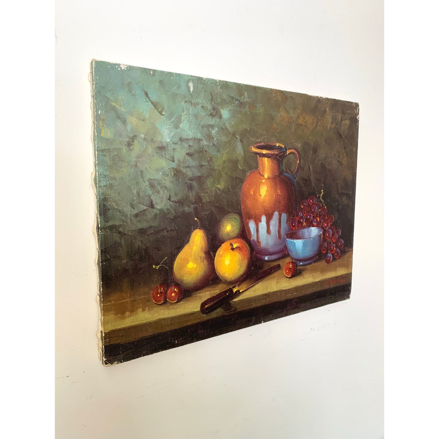 Vintage Still Life Oil Painting on Canvas Signed V Watson Rustic Fruit Art Moody