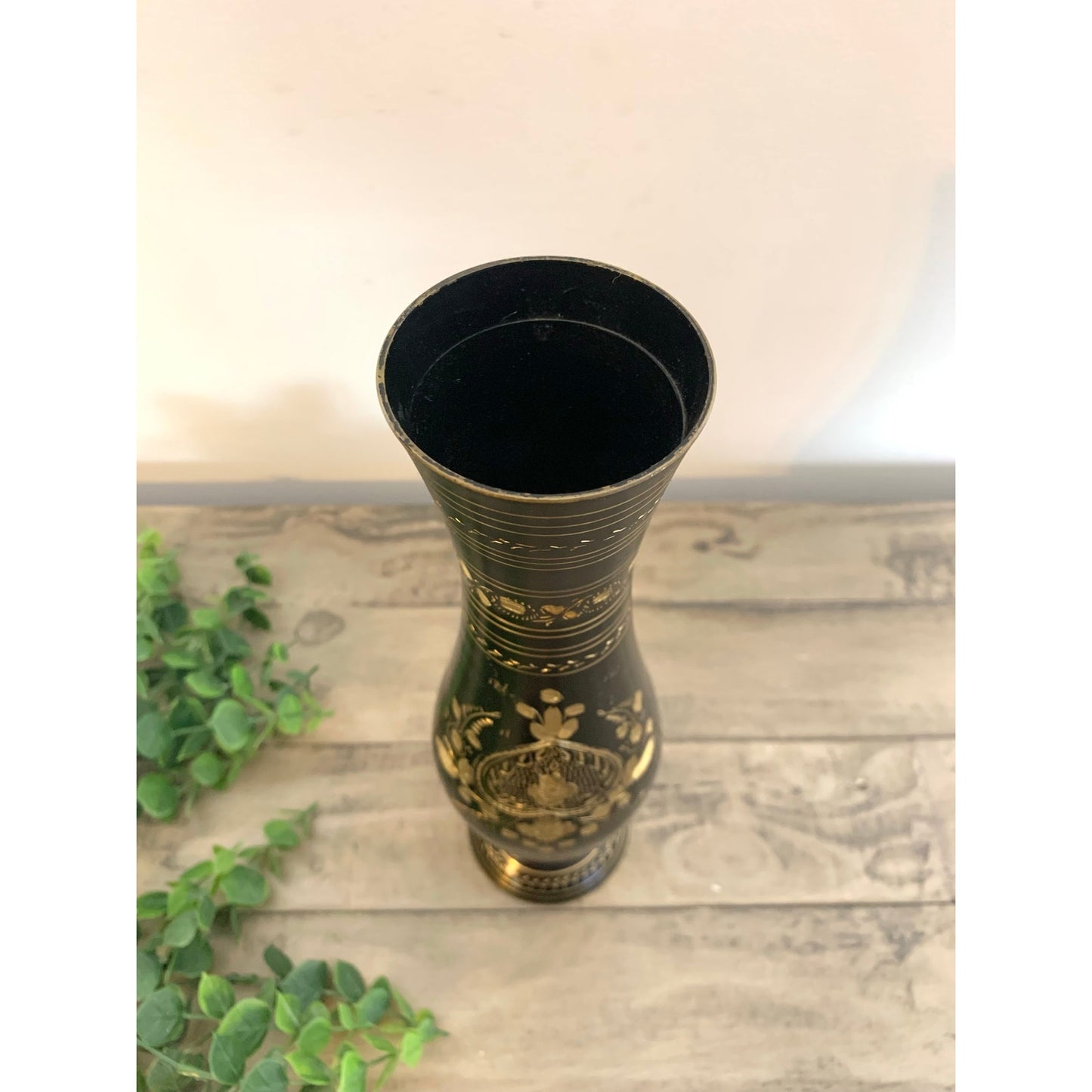 Vintage Black and Gold Etched Brass Metal Floral Pedestal Vase Boho Glam Moody