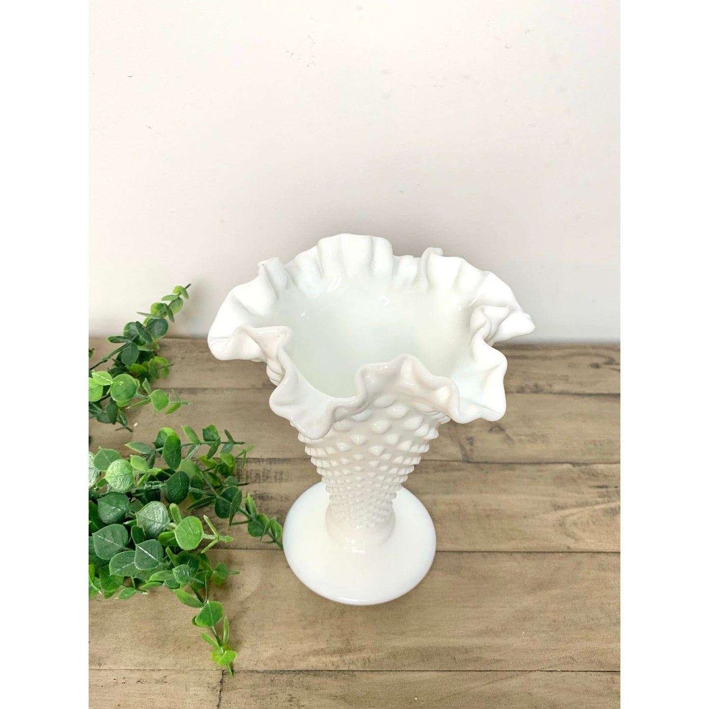 Vintage Fenton Hobnail Milk Glass Vase with Fluted Rim – White Pedestal Vase