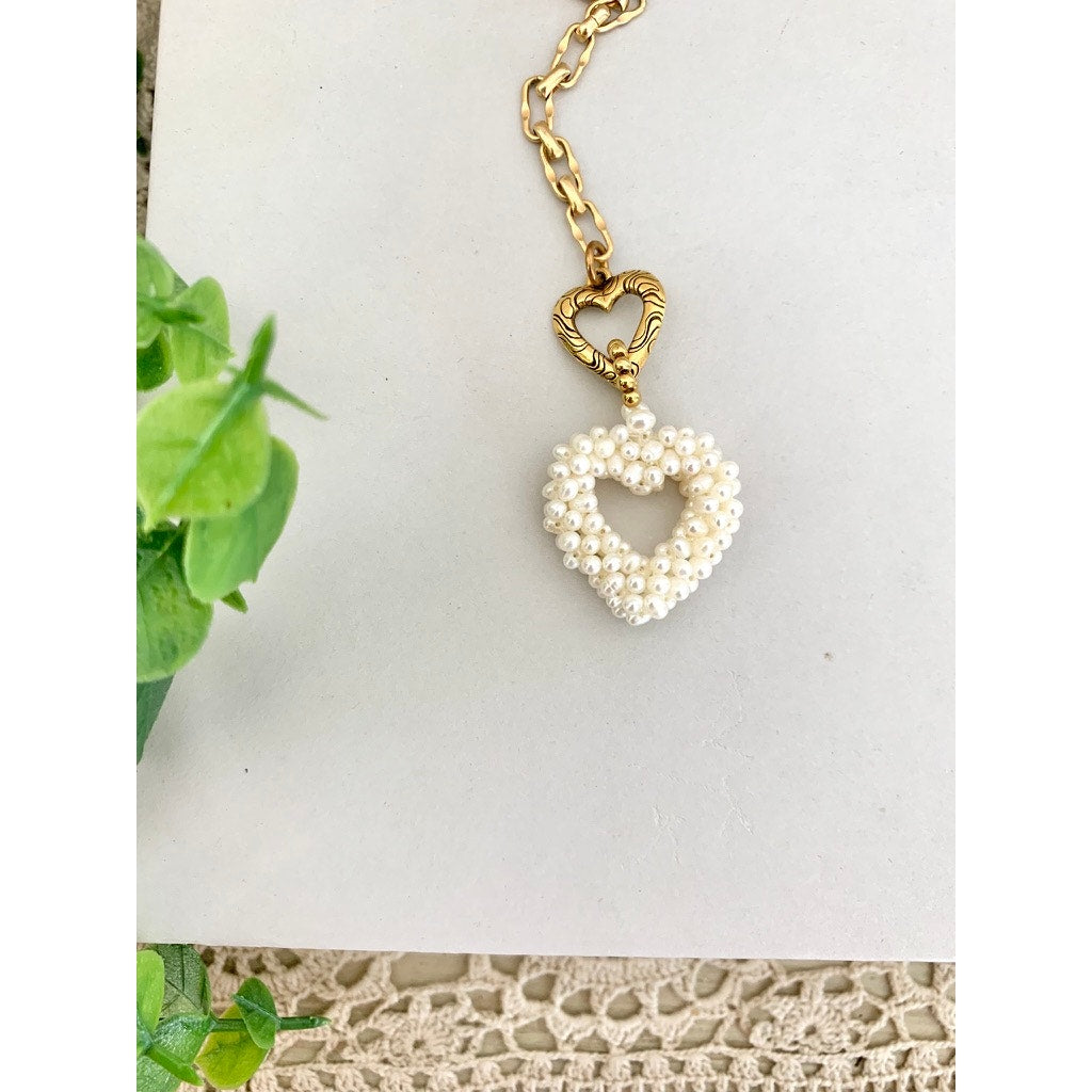 Beaded Pearl Heart Charm Gold Tone Toggle Extender Purse Keychain Romantic Jewelry