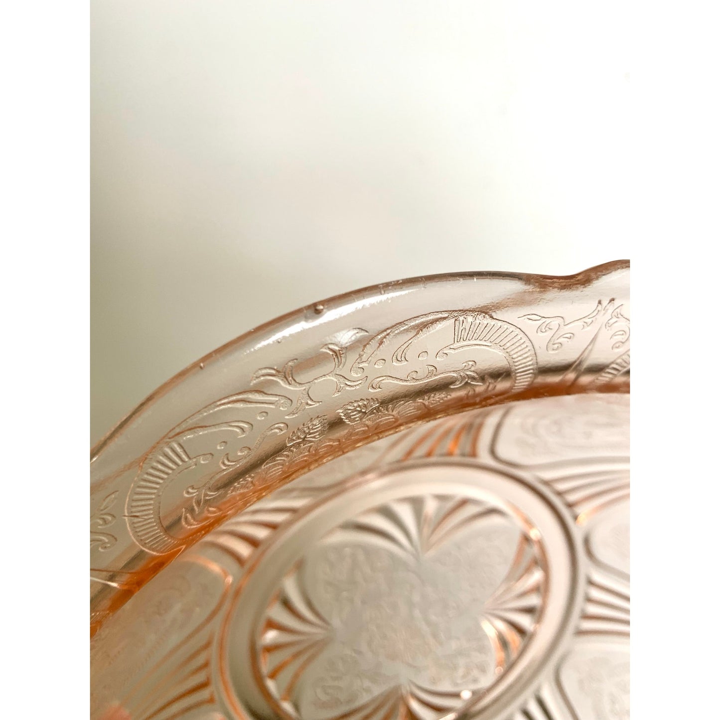 Depression Glass Vintage Pink Serving Bowl Floral Pressed Pattern Scalloped Rim