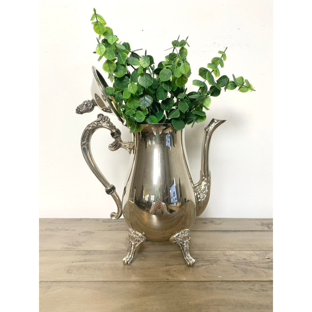 Vintage Silverplate Coffee Pot Tea Pot Ornate Footed Serving Dish Hinged Lid Floral Elegant