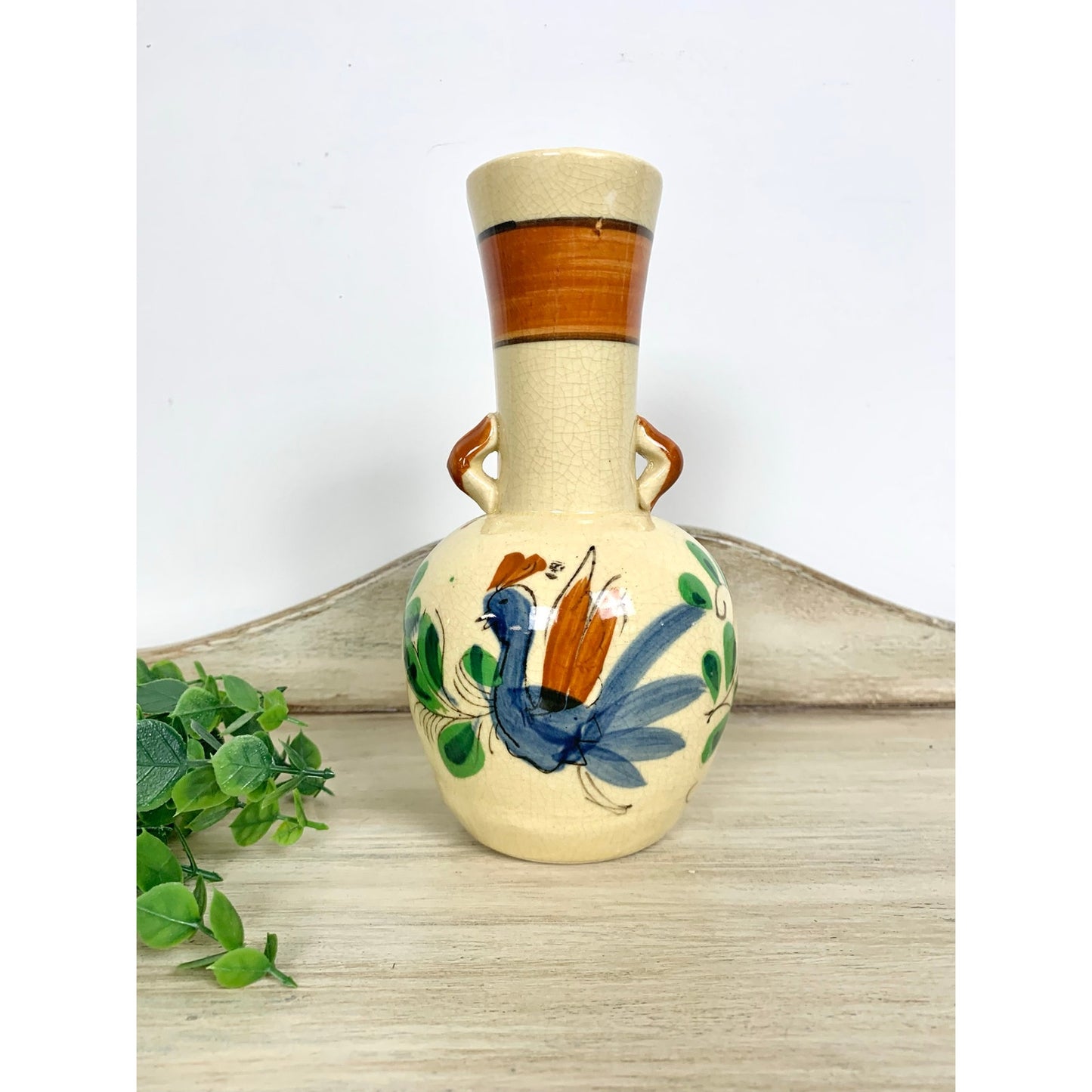 Vintage Thura Satsuma Vase Japan Ho Ho Bird Hand Painted Phoenix Mid Century