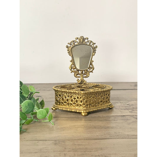Vintage Ornate Gold Filigree Lipstick Holder Vanity Mirror Footed Hollywood Regency