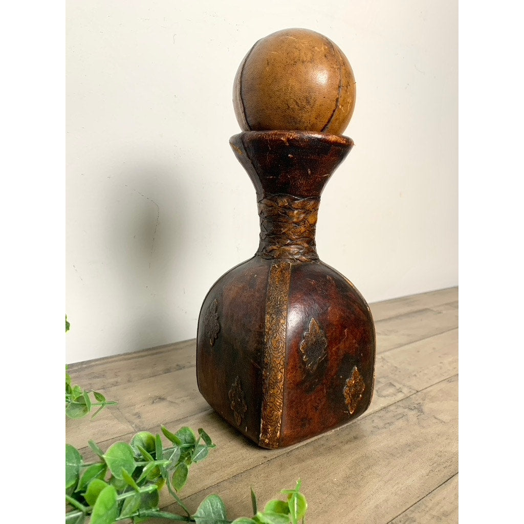 Vintage Italian Leather Wrapped Square Decanter with Ball Stopper Old Money MCM