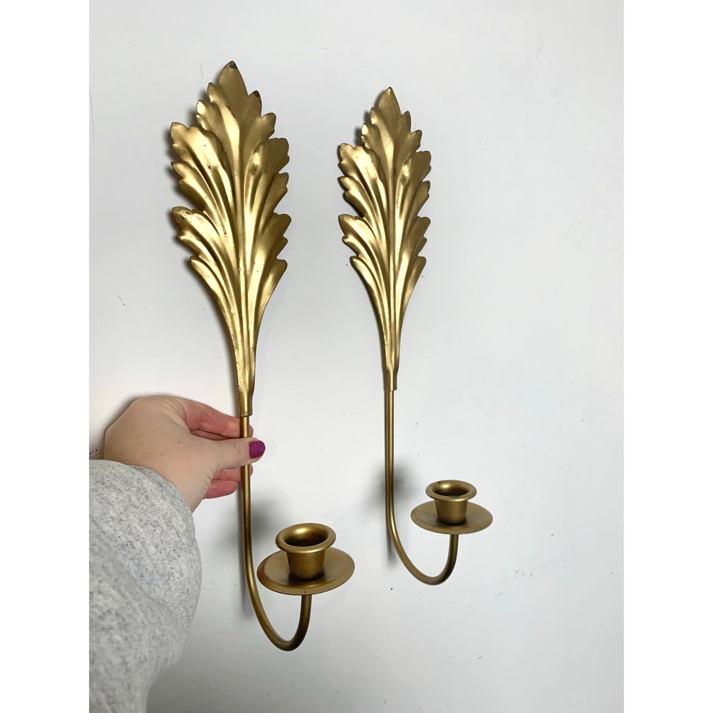 Vintage Gold Leaf Wall Sconces Pair Candleholders Hollywood Regency 15.5 Mid Century Glam