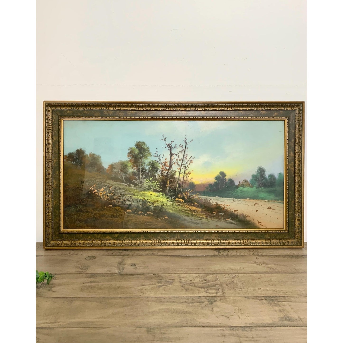 Vintage Pastel Landscape Painting Signed Elande, Framed Countryside Scene