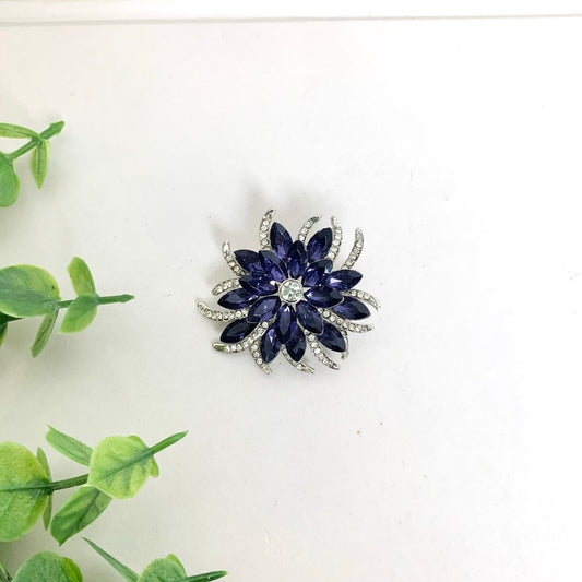 Vintage Blue Violet Rhinestone Flower Brooch Silvertone Statement Pin Mid Century Glam
