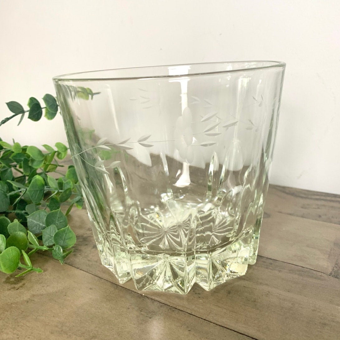 Vintage Princess House Etched Glass Ice Bucket with Floral Band and Starburst Base