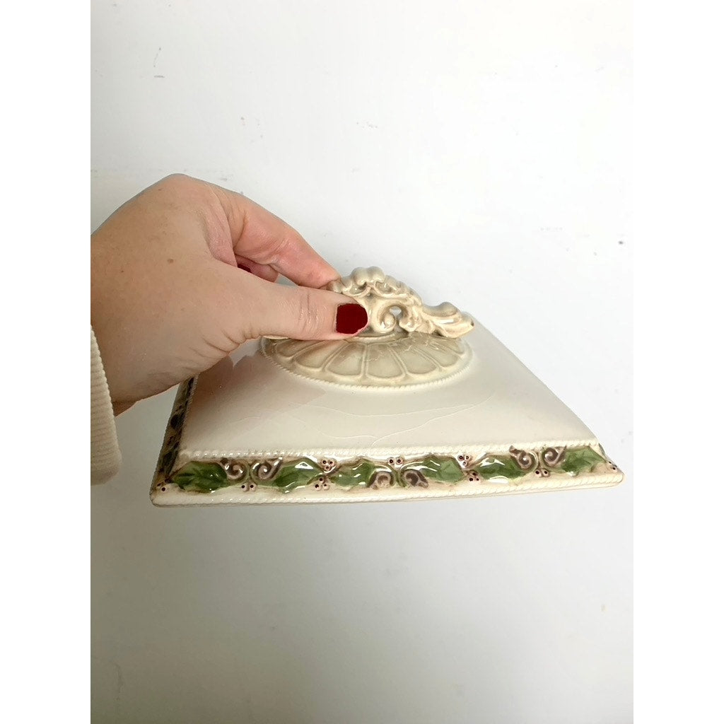 Vintage Ceramic Christmas Lidded Serving Dish with Holly Trim Holiday Tableware
