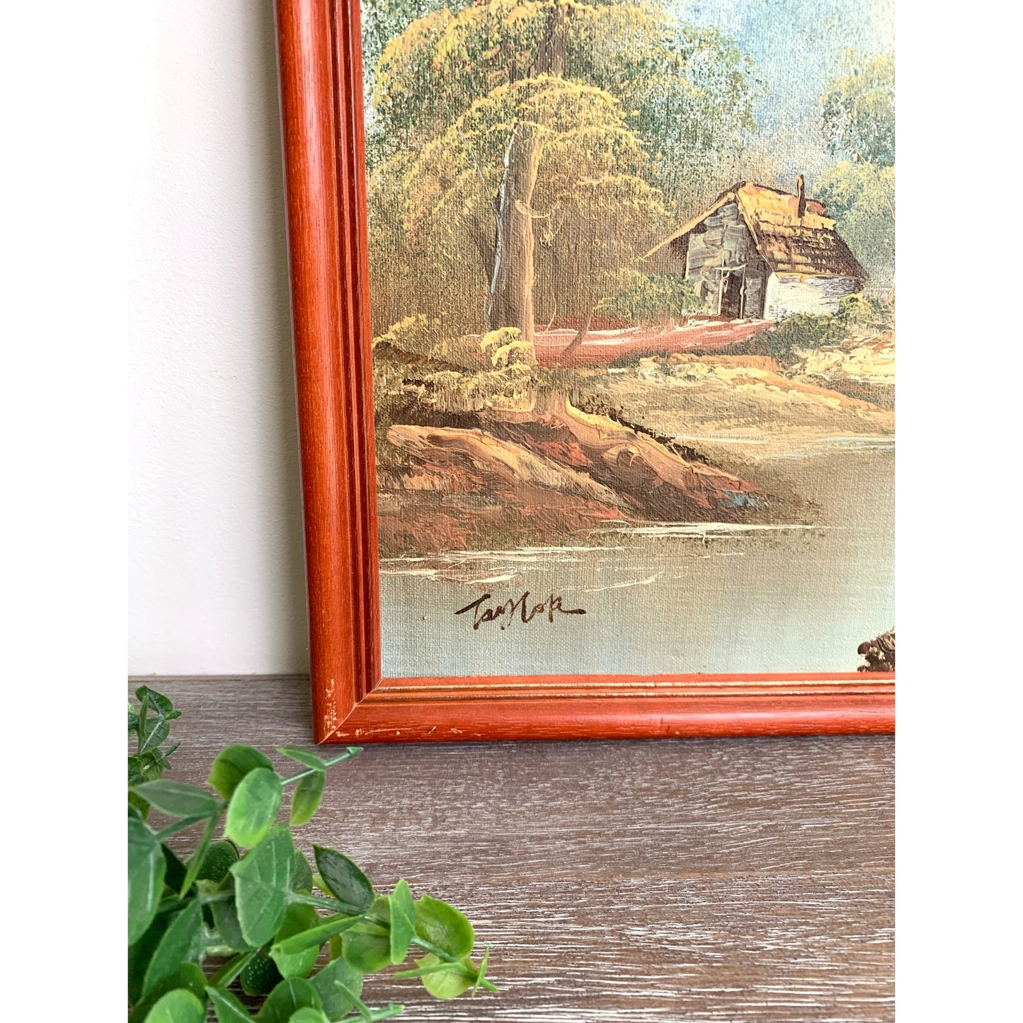 Vintage Riverside Landscape Oil Painting by Taylor Signed Framed Nature Scene