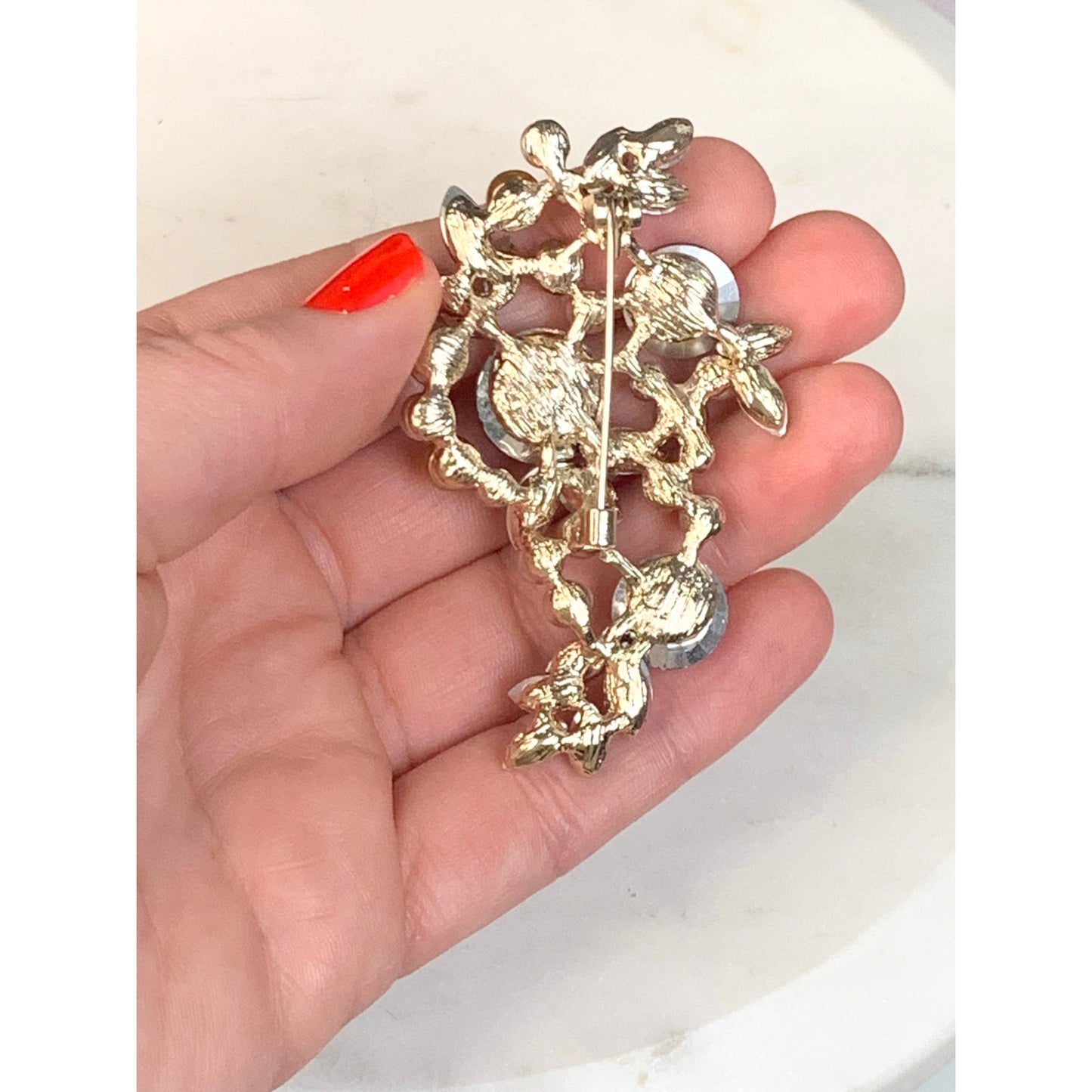 Romantic Rhinestone and Faux Pearl Brooch Multicolor Glass Statement Pin