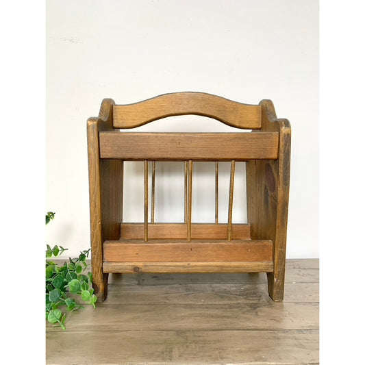 Vintage Natural Wood Magazine Rack Rustic Cottagecore Organizer Farmhouse