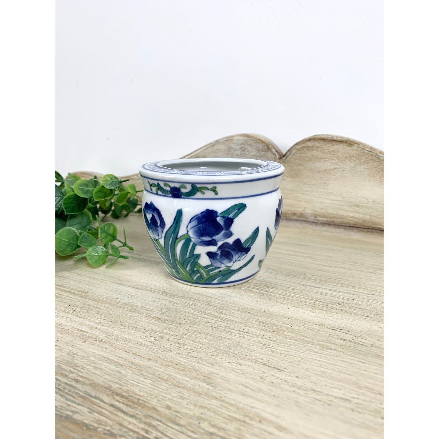 Vintage Chinoiserie Ceramic Cachepot Vase Planter Blue and White Floral Pottery