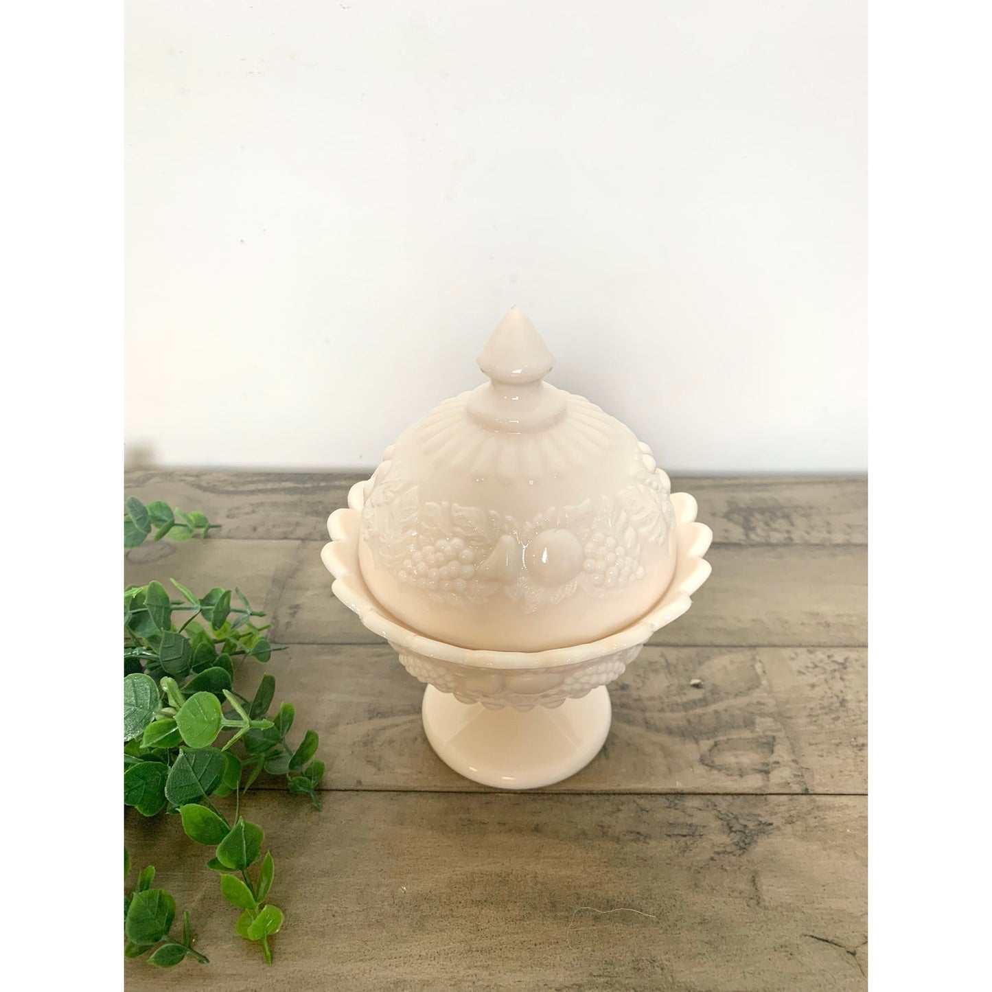 Vintage Westmorland Pink Milk Glass Covered Compote Fruit Motif Pedestal Dish Feminine Romantic Retro Shabby Cottage MCM