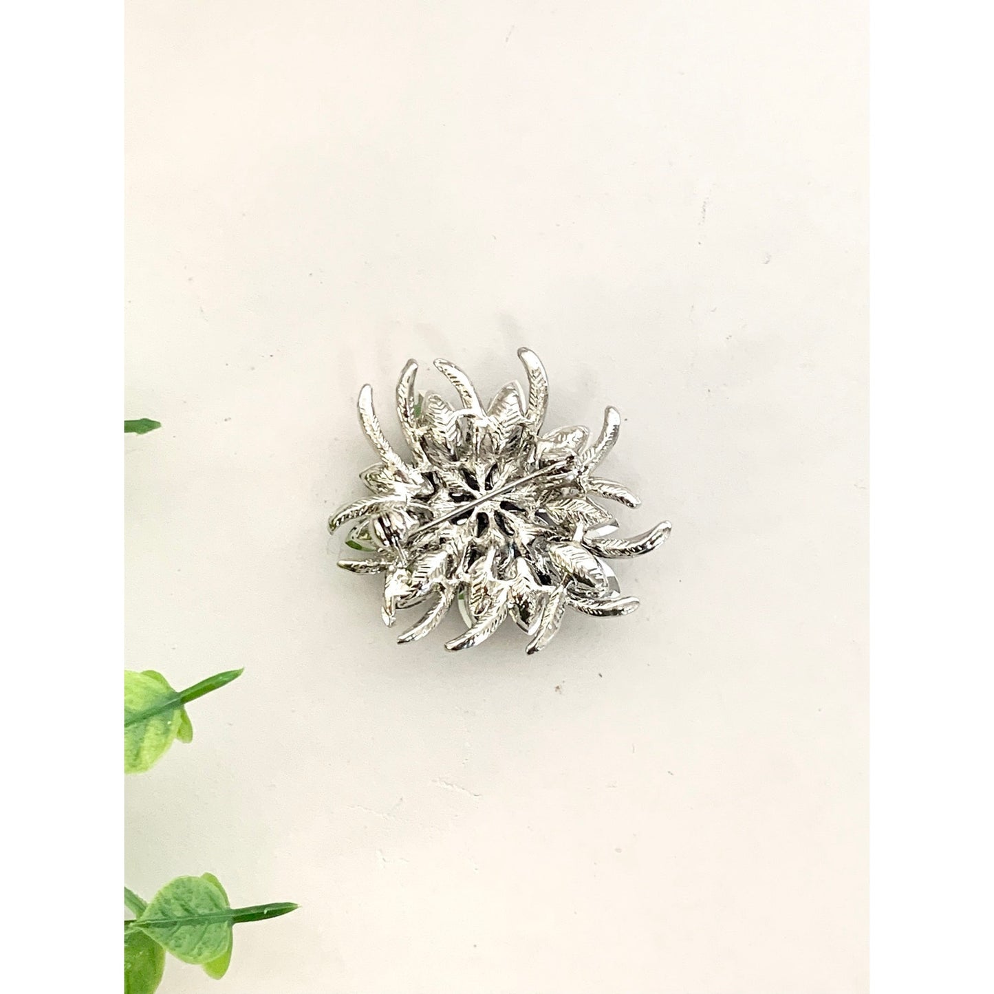 Vintage Blue Violet Rhinestone Flower Brooch Silvertone Statement Pin Mid Century Glam