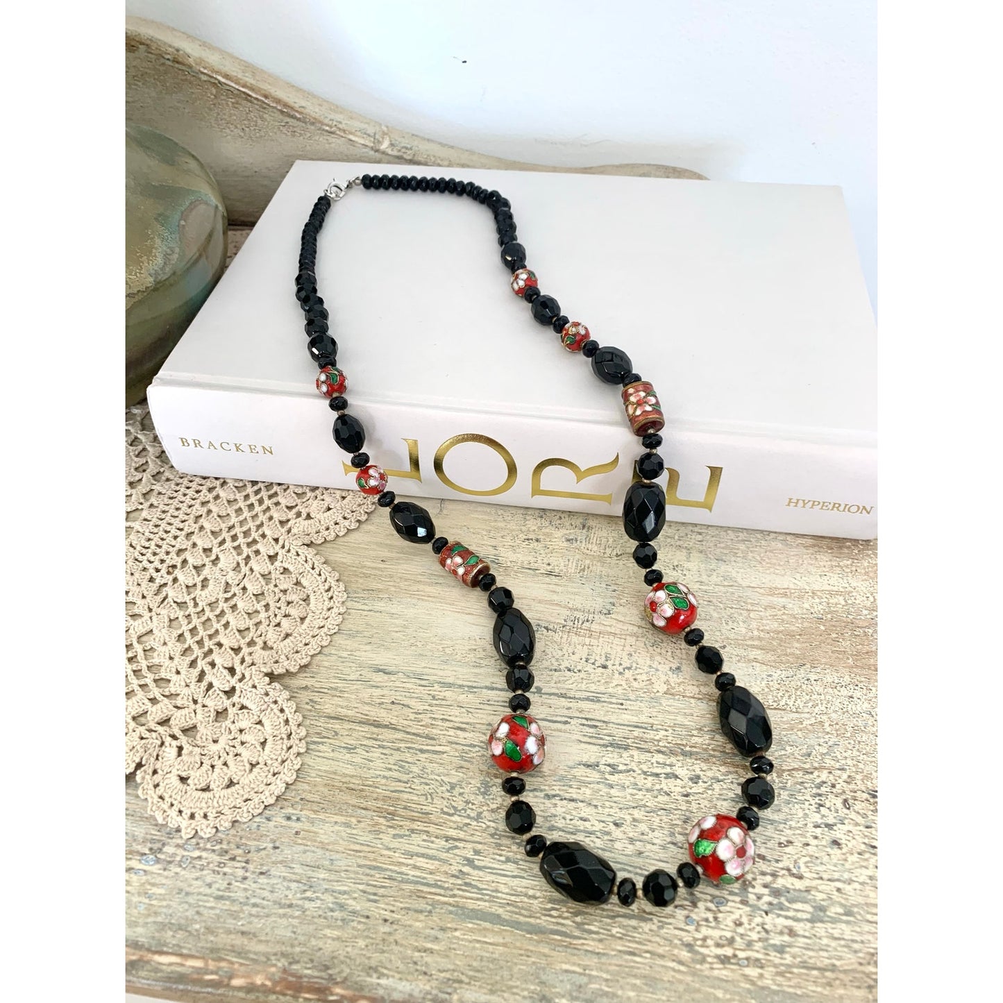 Vintage Cloisonne Beaded Necklace Black Faceted Glass Floral Red Enamel Statement