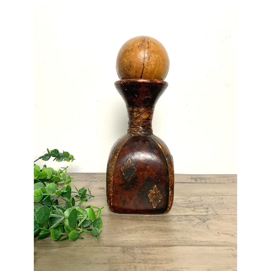 Vintage Italian Leather Wrapped Square Decanter with Ball Stopper Old Money MCM