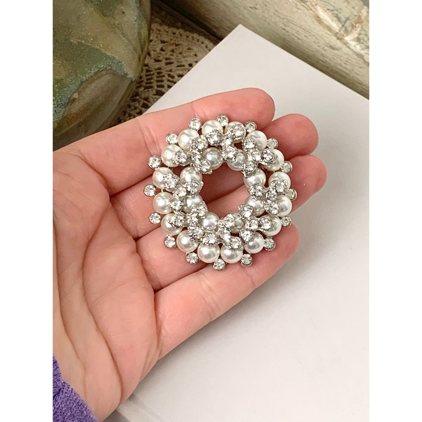 Vintage Faux Pearl and Rhinestone Wreath Brooch Classic Circle Pin Elegant Jewelry