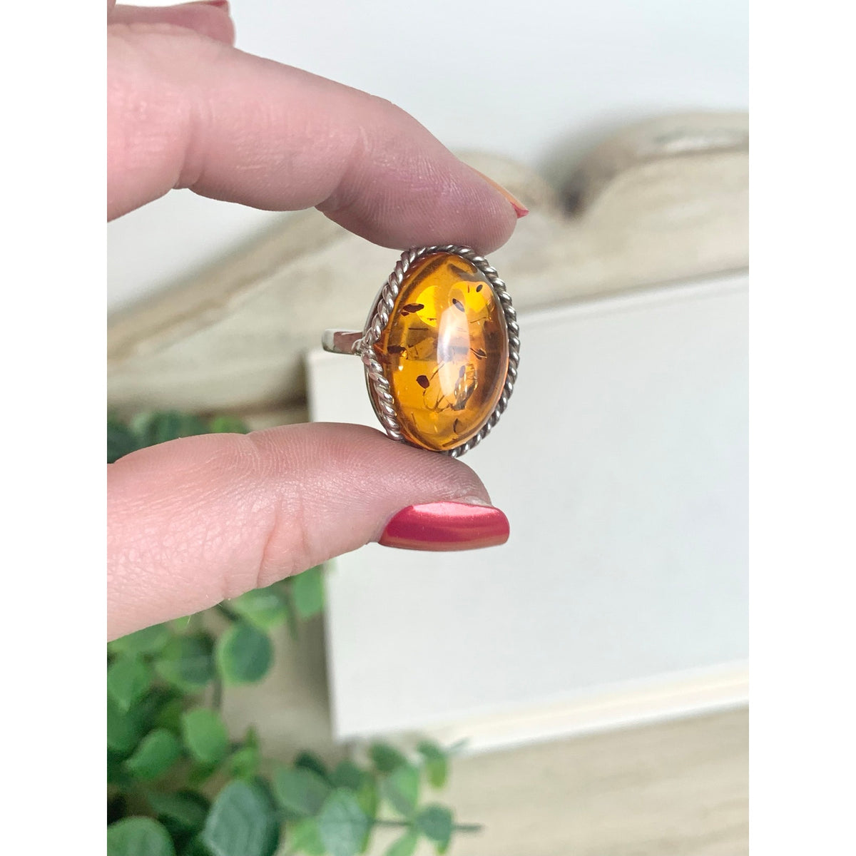 Vintage Sterling Silver Amber Ring Adjustable Oval Statement Jewelry Boho Southwestern