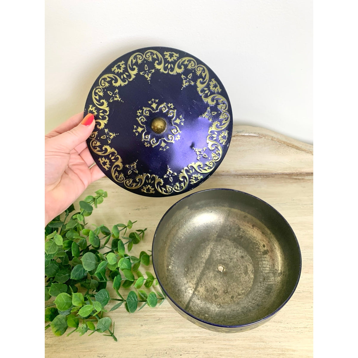 Vintage English Lidded Tin Tea Caddy Biscuit Tin Cobalt Blue Gold Lidded Container