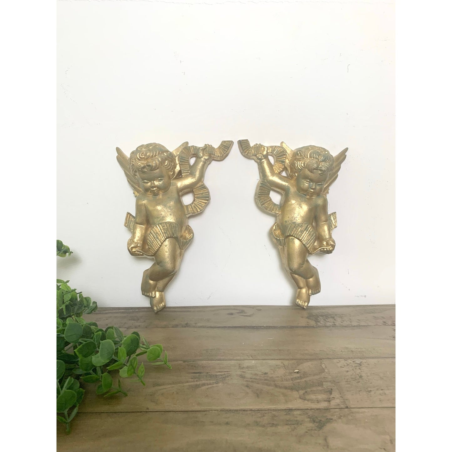Vintage 1970 Burwood Co Cherub Angel Wall Plaques – Gold & Verdi Accents
