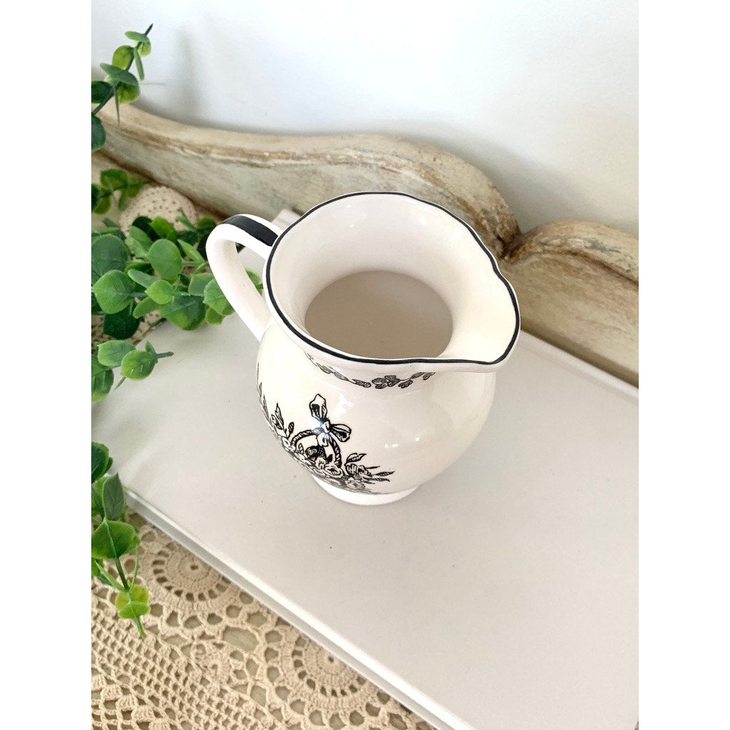 Vintage Black Transferware Creamer Vase New England Toile Farmhouse Cottage Whimsigoth