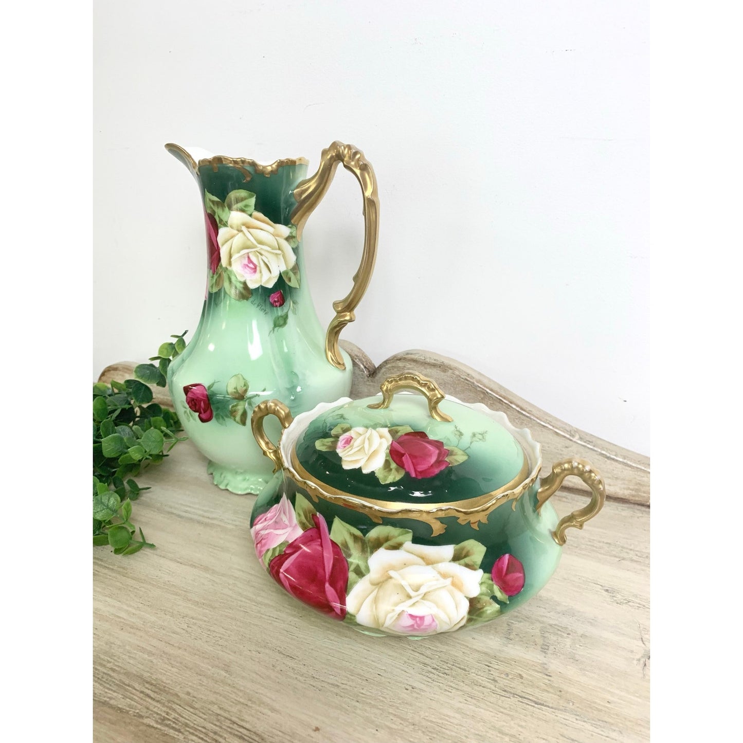 Antique Royal Munich Bavarian Hand Painted Rose Pitcher Ewer Covered Tureen Set