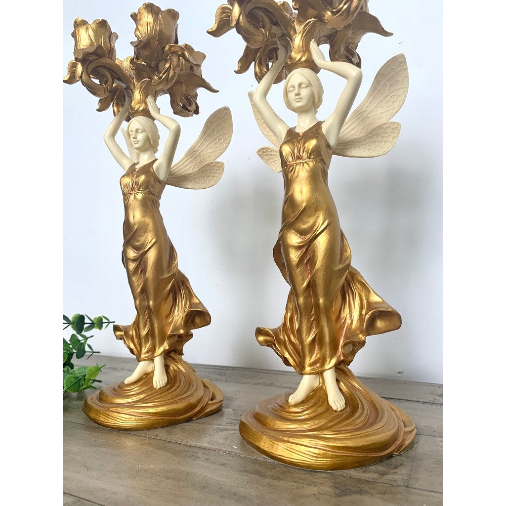 Vintage Art Nouveau Style Winged Women Candelabra Pair Gold Figural Fairy Candle