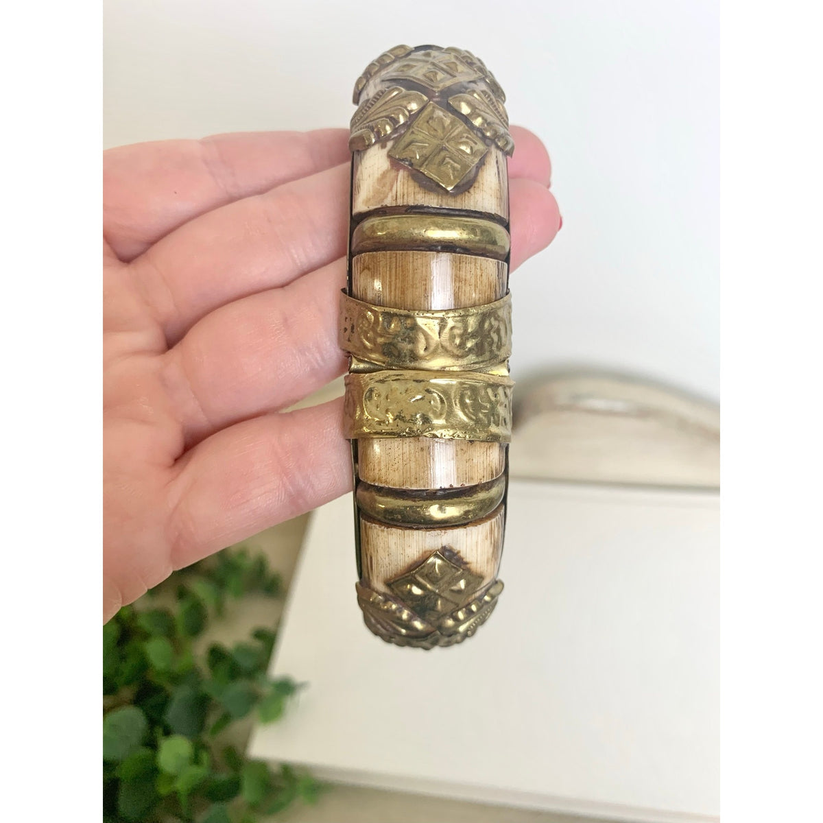 Vintage Camel Bone Bangle Bracelet Brass Overlay Hinged Statement Jewelry