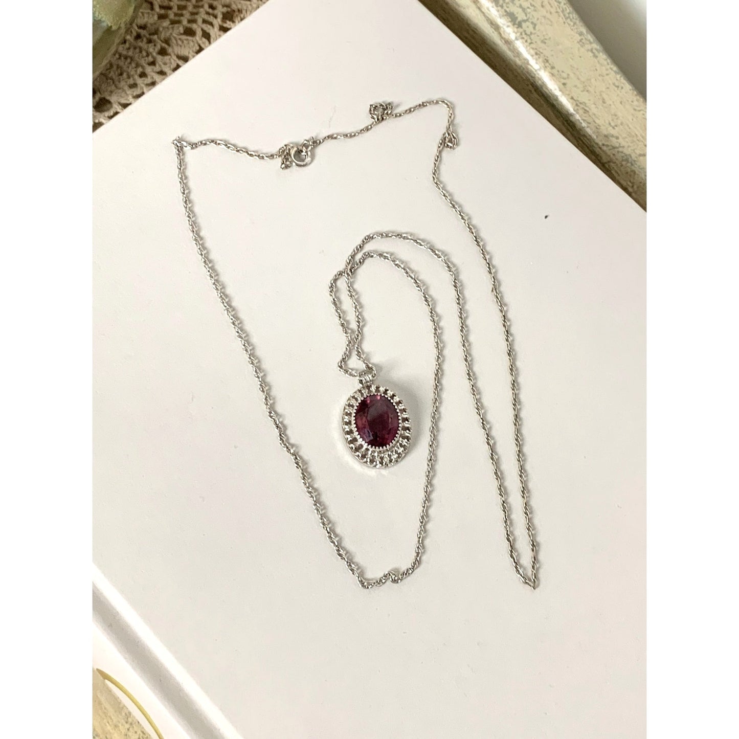Vintage Sterling Silver Amethyst Purple Halo Pendant Necklace 25 Inch Chain