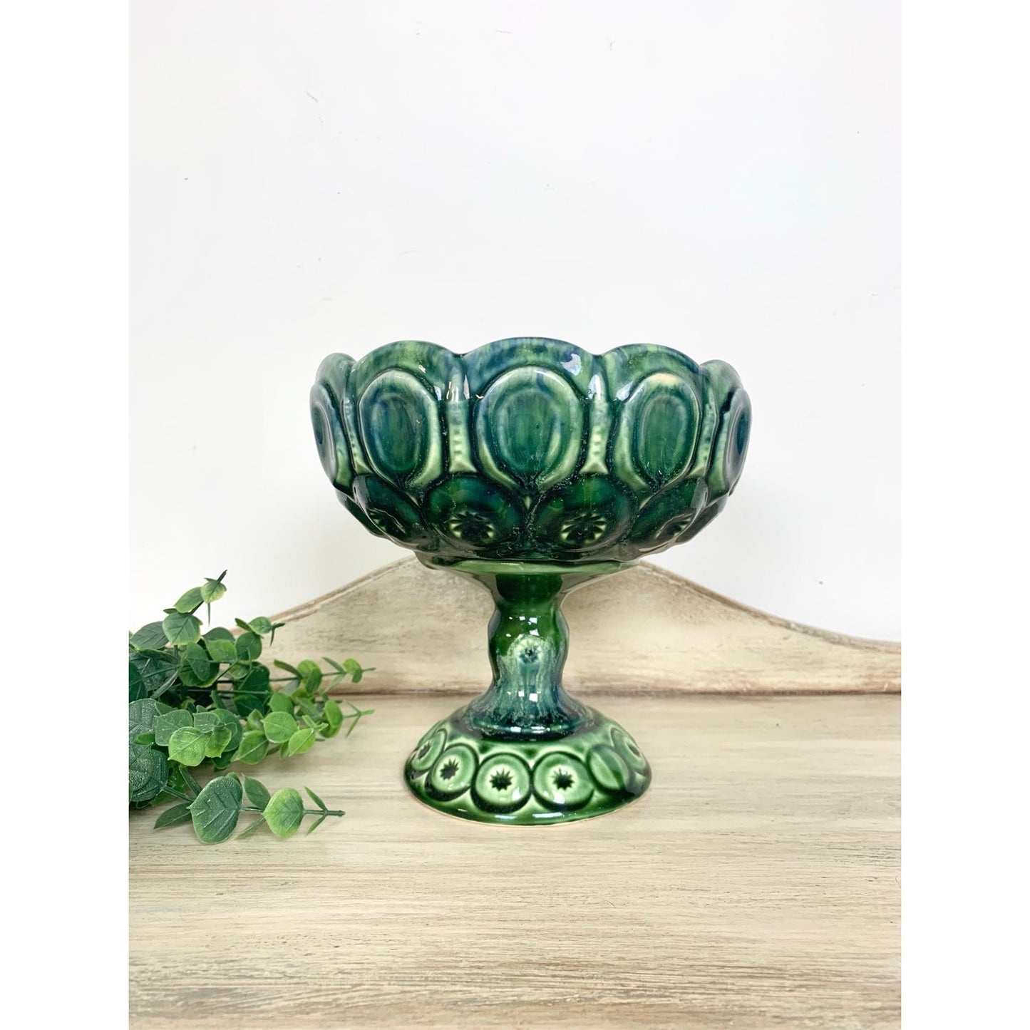 Vintage McCoy Pottery Compote Pedestal Bowl Green Teal Moon and Stars Mid Century