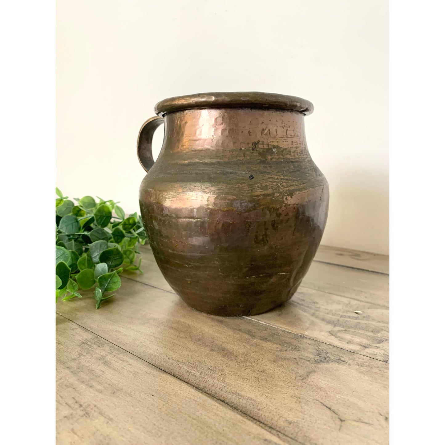 Antique Hand Hammered Copper Pitcher Rustic Farmhouse Patina Primitive Vase Jug