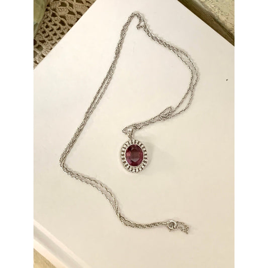 Vintage Sterling Silver Amethyst Purple Halo Pendant Necklace 25 Inch Chain