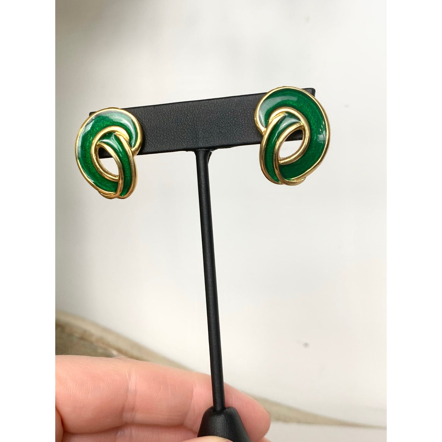 Vintage Green Enamel Goldtone Post Back Earrings Classic Jewelry Retro Glam