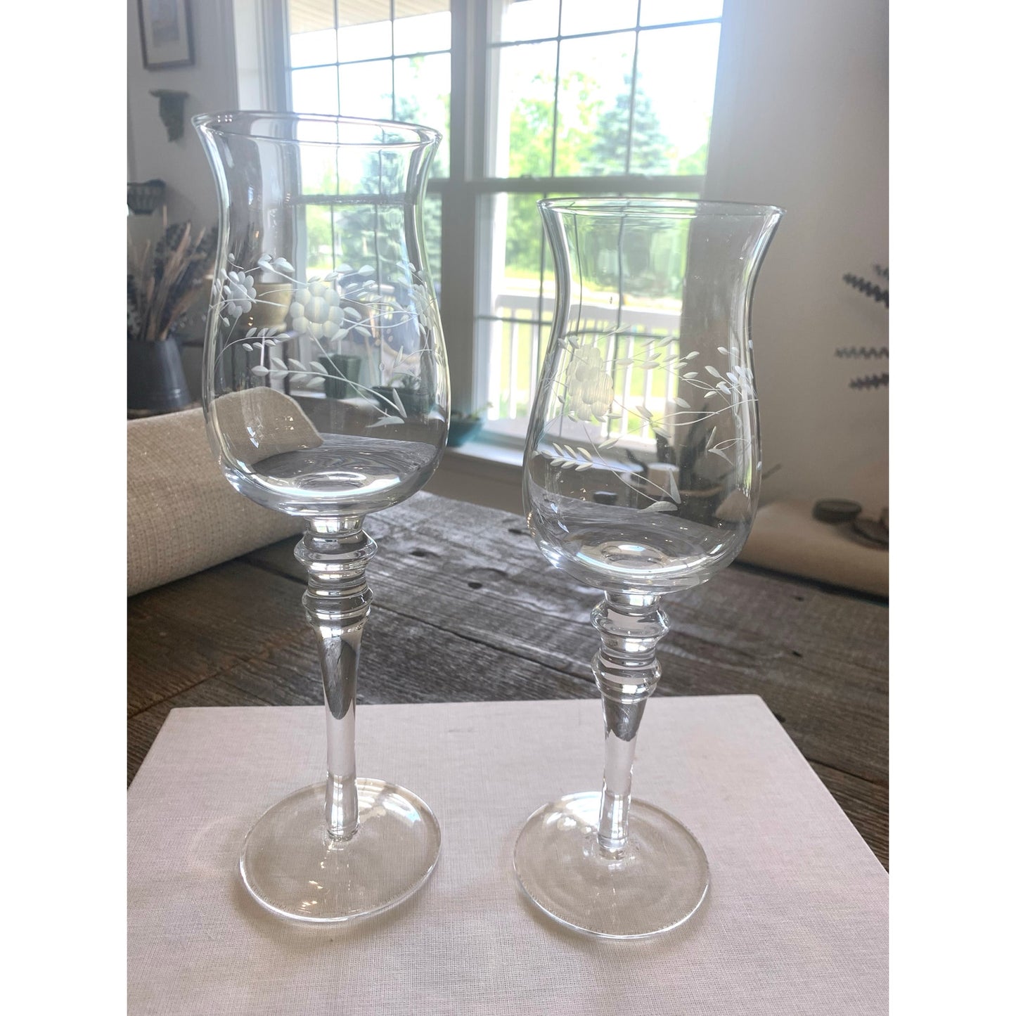 Vintage Princess House Etched Glass Hurricane Candle Holders – Floral Design, Set of 2