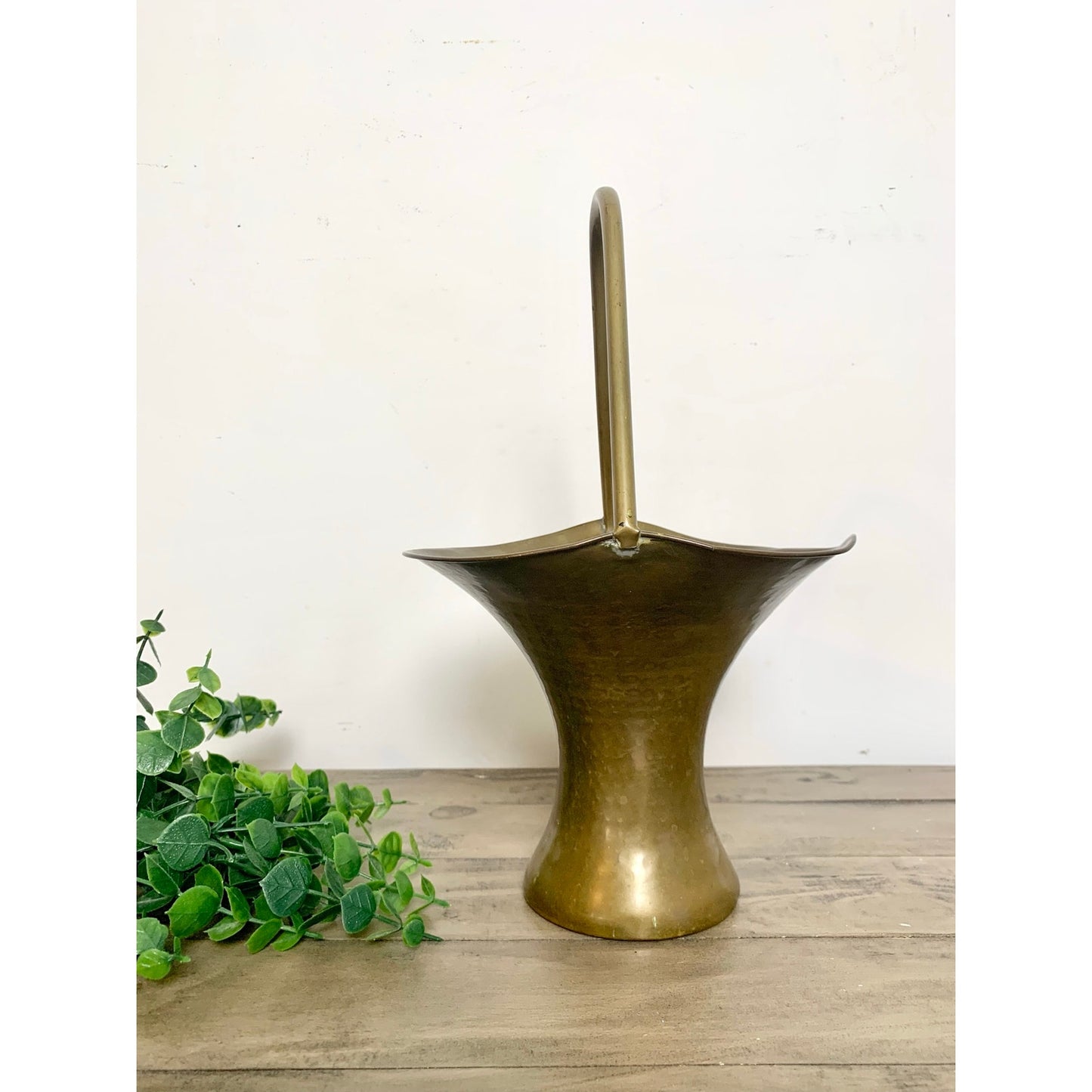Vintage Hammered Brass Basket Vase Planter Mid Century Patina Brass Vessel