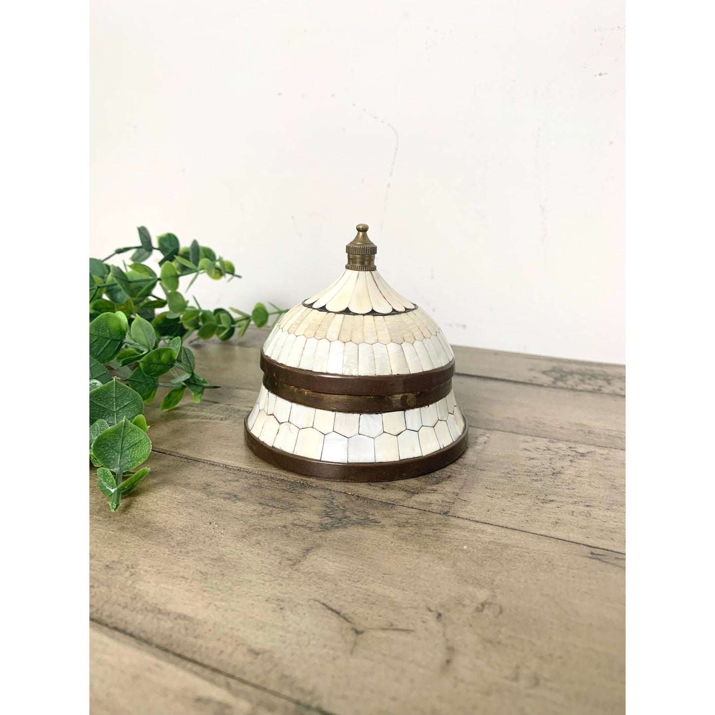 Vintage Inlaid Bone & Brass Domed Lidded Trinket Box Jewelry Storage Old Money