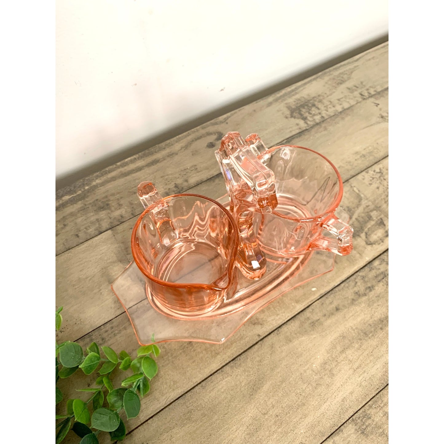 Vintage Cambridge Pink Depression Glass Cream and Sugar Set with Caddy