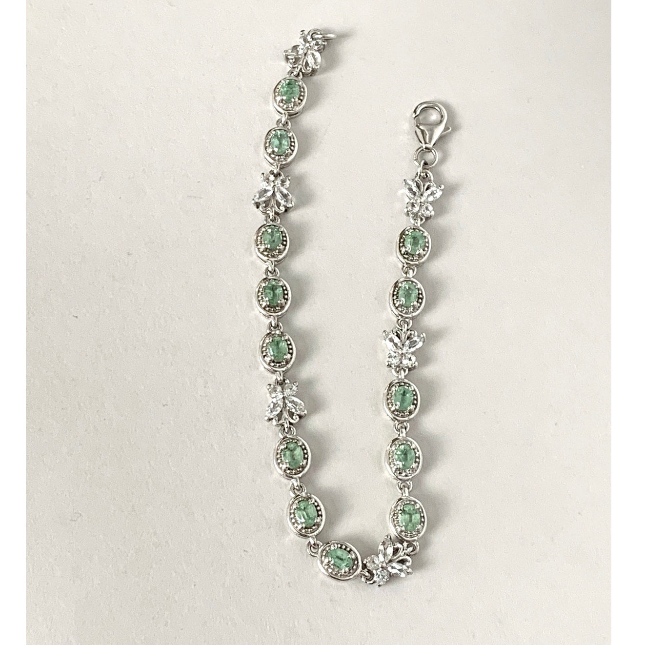 Vintage Sterling Silver Tennis Bracelet Green Stones Butterfly Links 925 Size 7