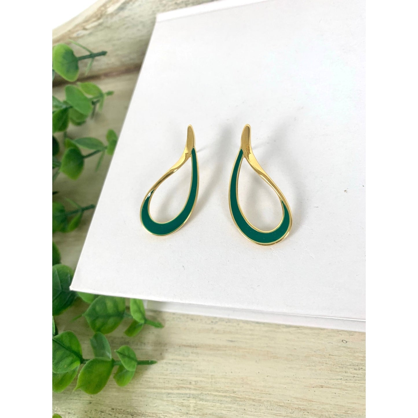 Vintage Green Enamel Goldtone Teardrop Post Back Earrings Retro Statement 80s
