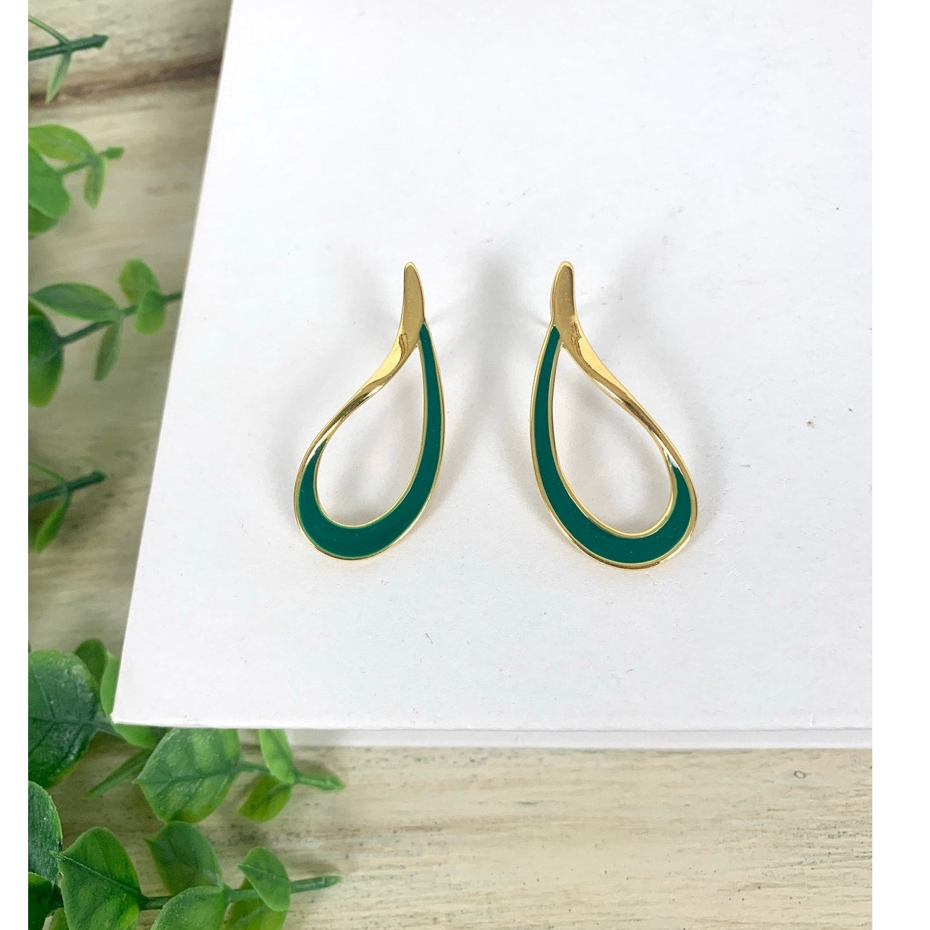 Vintage Green Enamel Goldtone Teardrop Post Back Earrings Retro Statement 80s