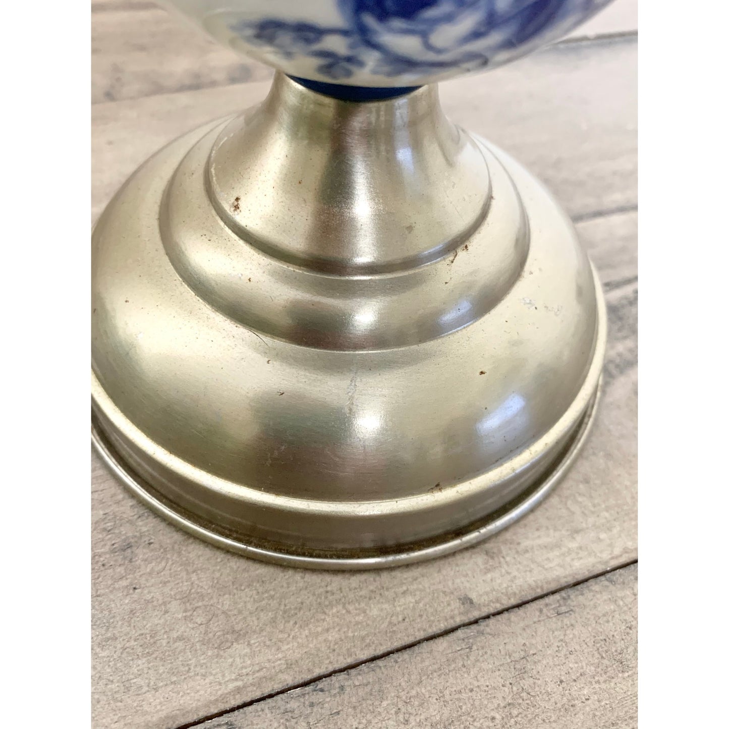 Vintage Blue & White Floral Porcelain and Pewter Candlestick Holders Set of 2