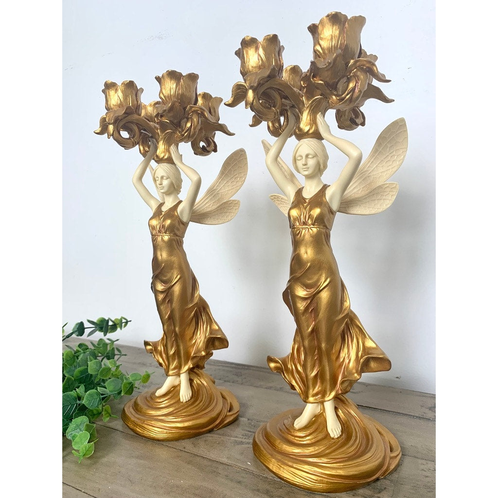 Vintage Art Nouveau Style Winged Women Candelabra Pair Gold Figural Fairy Candle